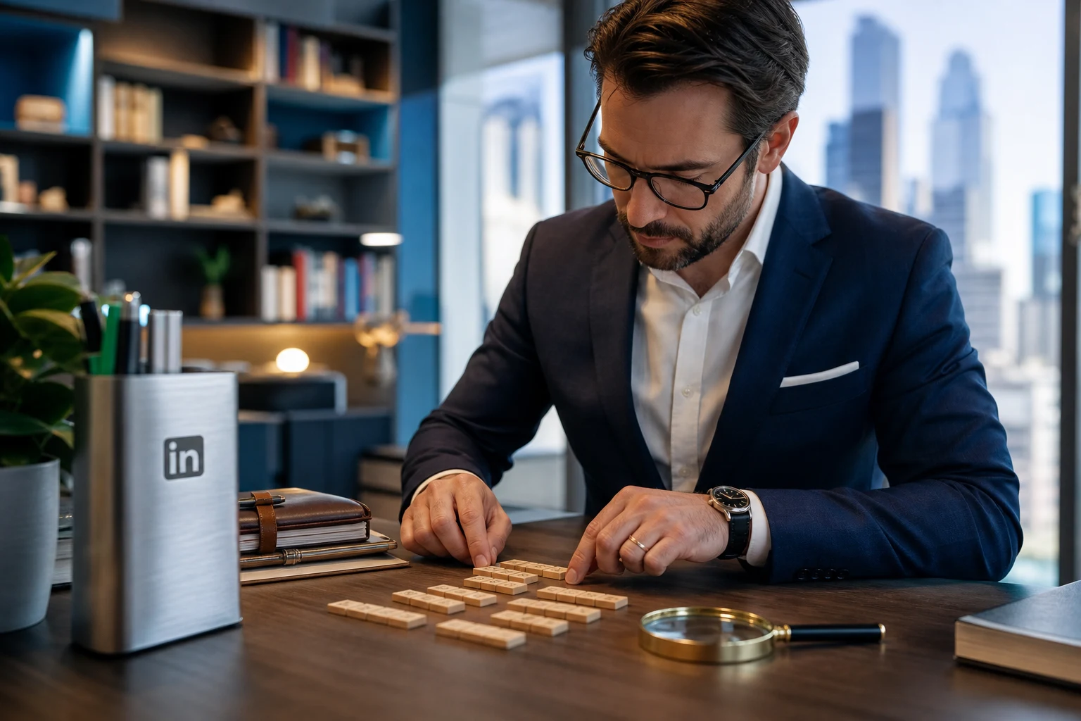 Persona organizando fichas de letras junto a logo LinkedIn en escritorio profesional