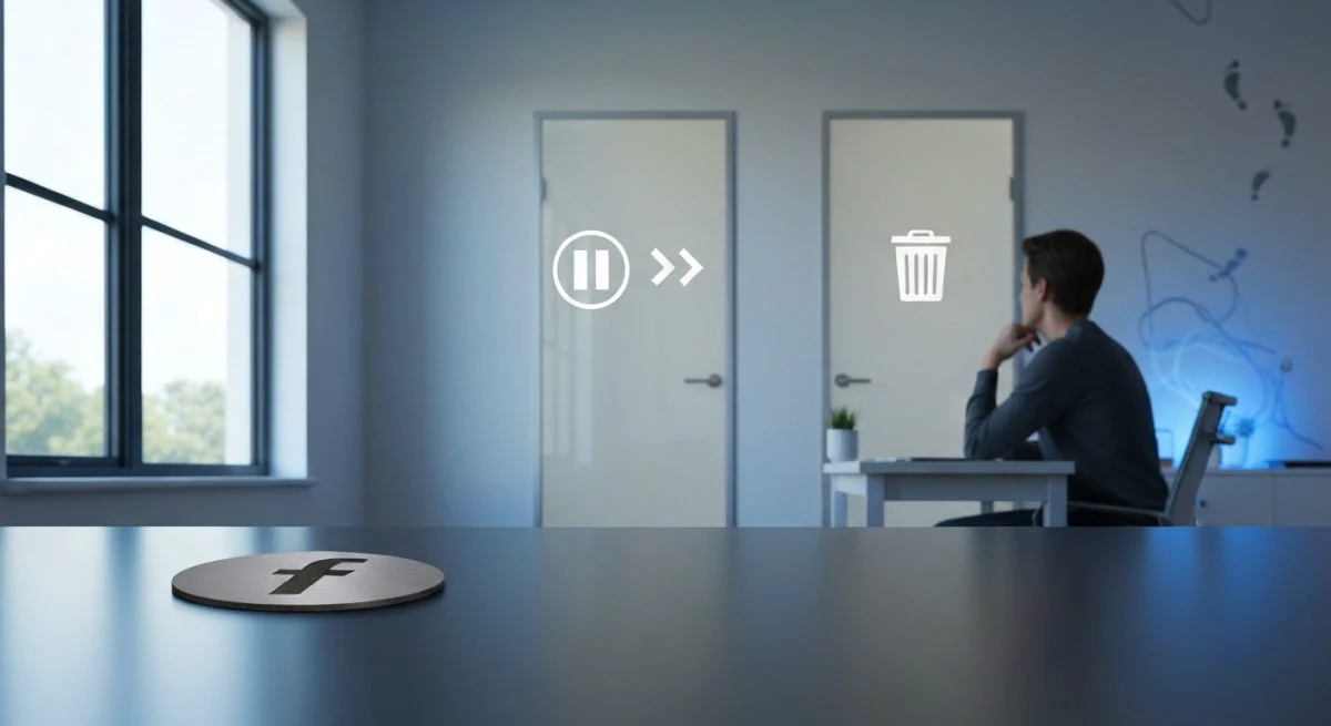 Persona pensativa en oficina puertas vidrio iconos pausa eliminar Facebook