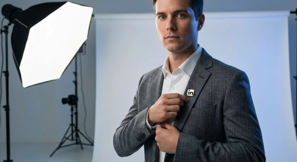 Persona profesional ajustando su solapa pin metalizado con logo LinkedIn