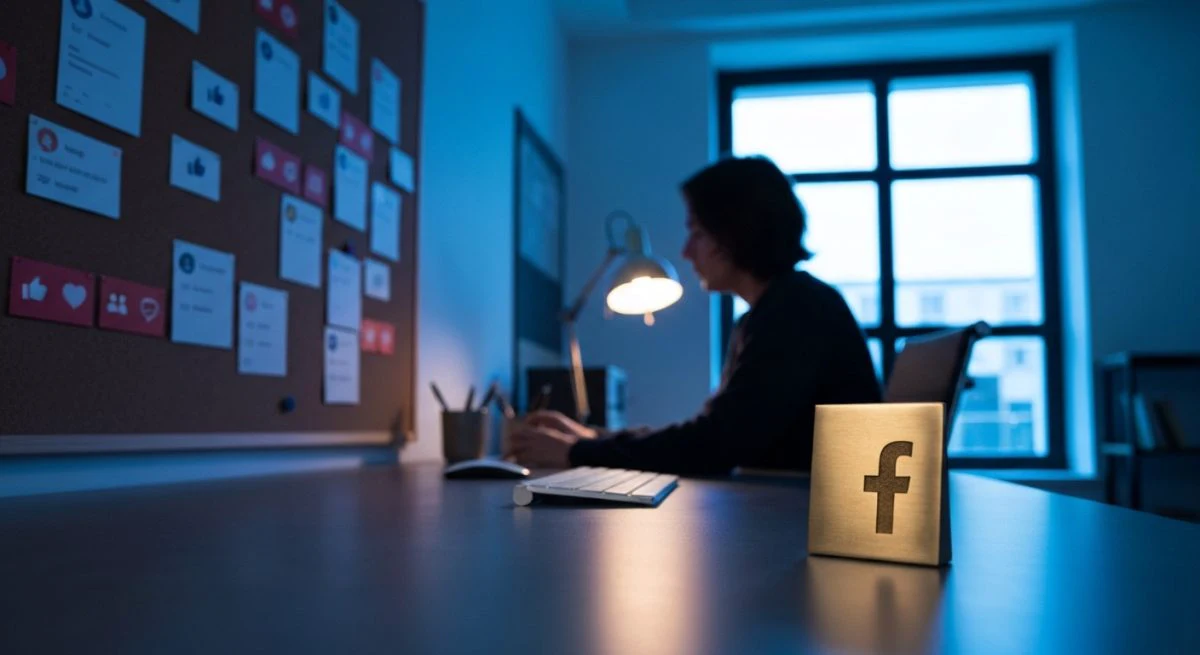 Persona sentada en escritorio moderno pisapapeles de latón con Facebook
