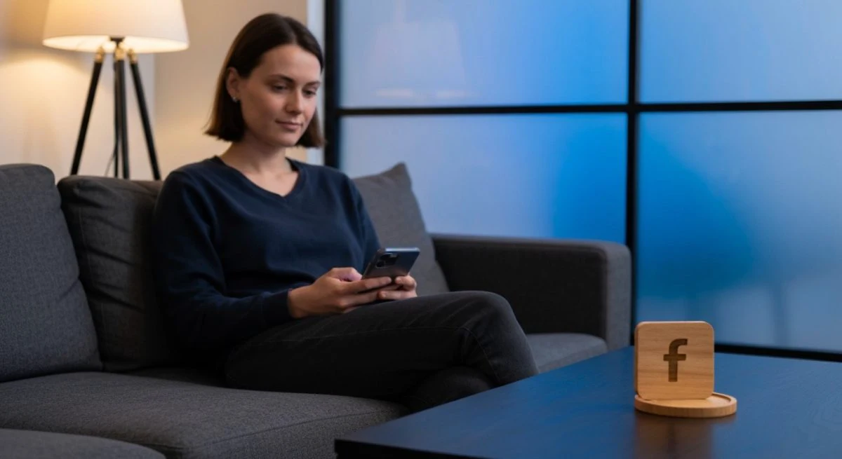 Persona sentada en sofá mira teléfono junto al logo f