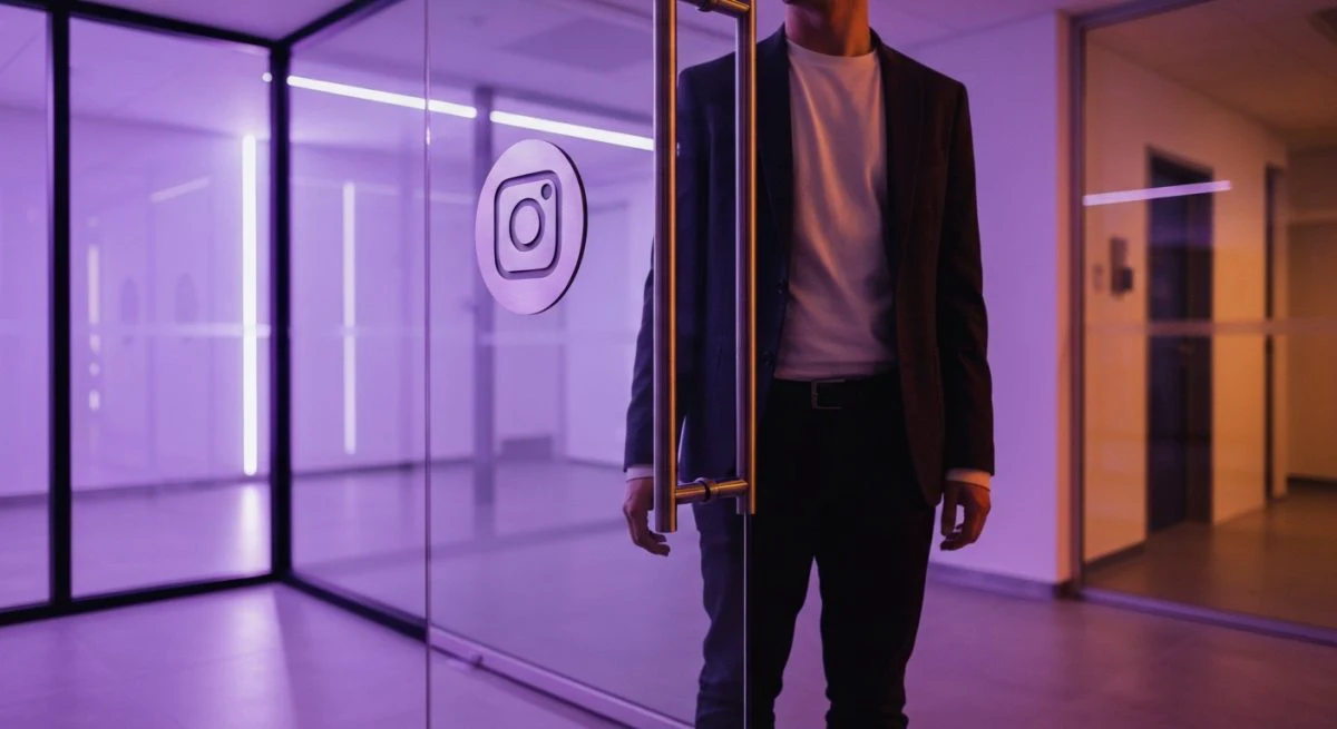 Persona smart casual ante puerta de vidrio con logo Instagram