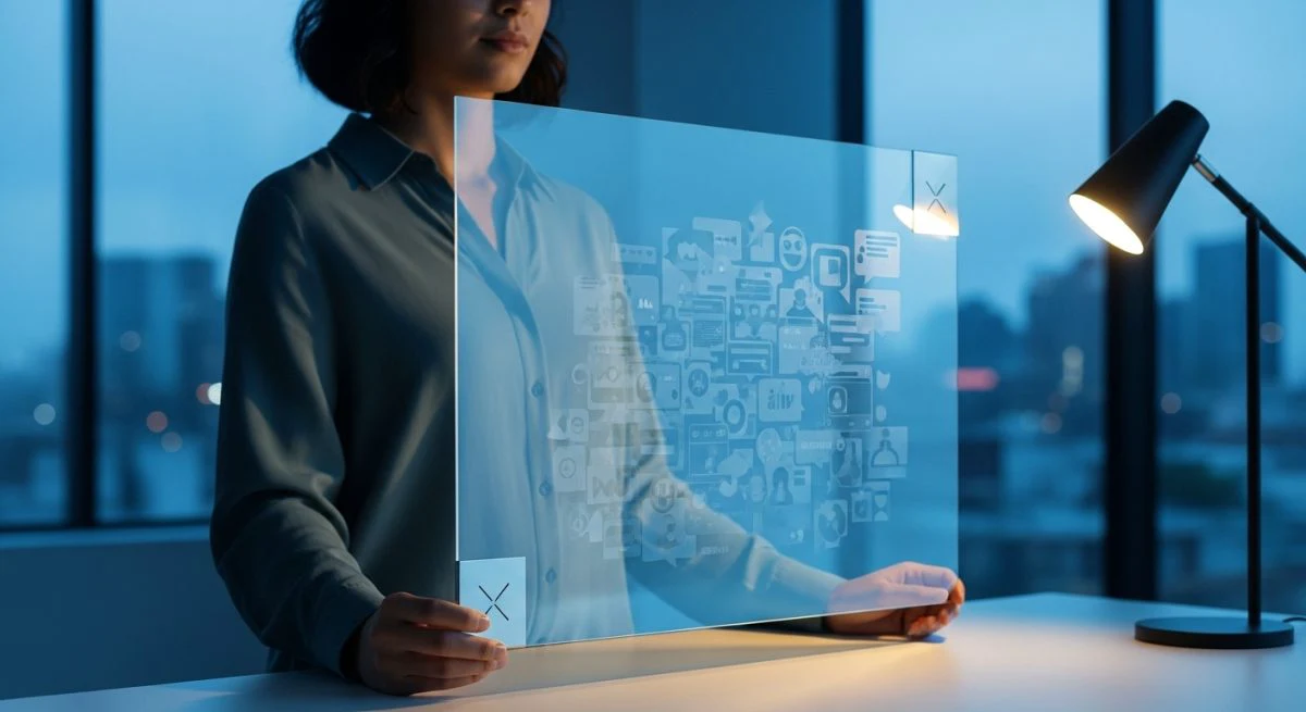 Persona sosteniendo panel translúcido de privacidad con logo X grabado