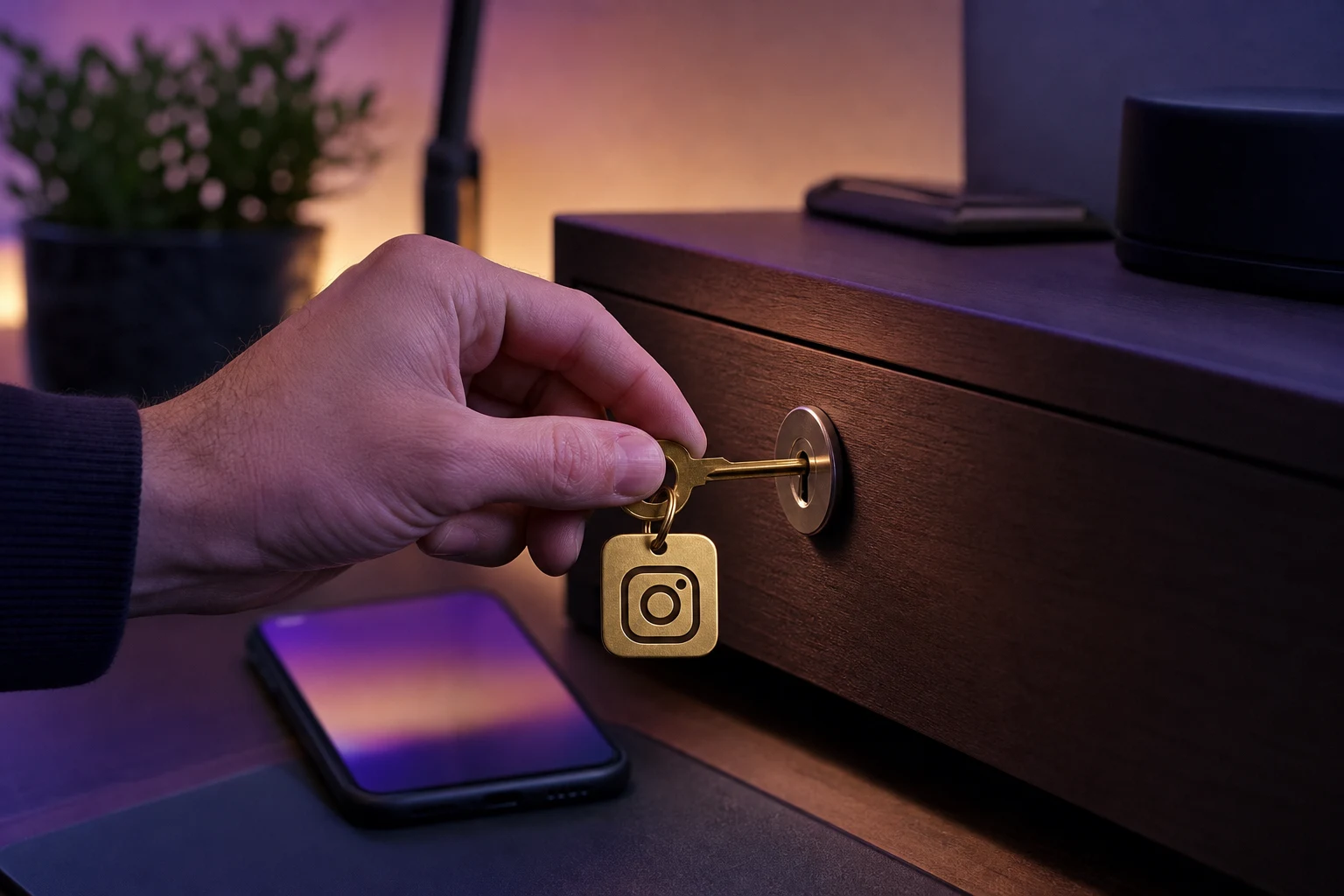 Persona sostiene llave de latón junto a cerradura Instagram brillante
