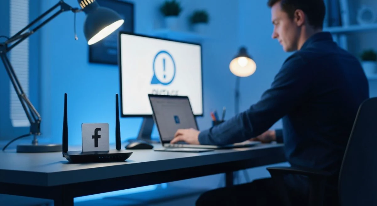Persona tech en escritorio casa con portátil router Facebook caída