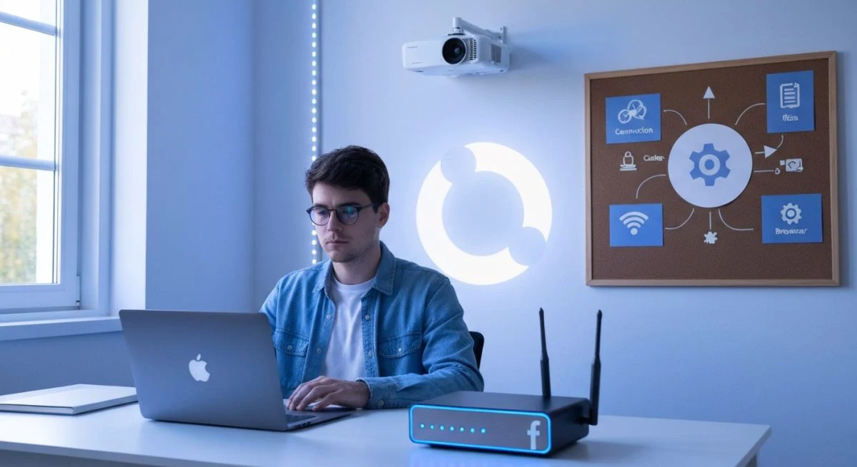 Persona tecnológica en oficina minimalista revisando reproducción de Facebook
