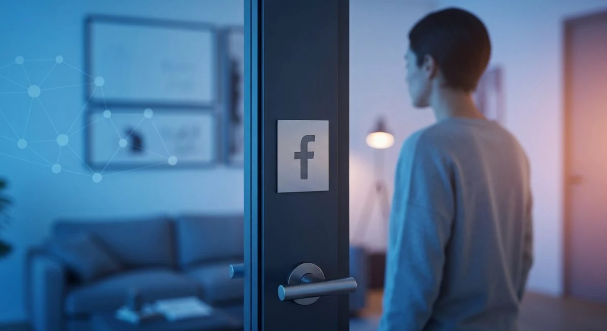 Persona tecnológica frente a puerta de vidrio logo Facebook grabado