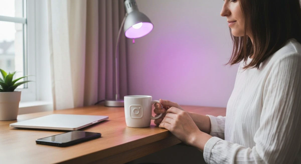 Persona tranquila en escritorio de madera con taza Instagram grabada