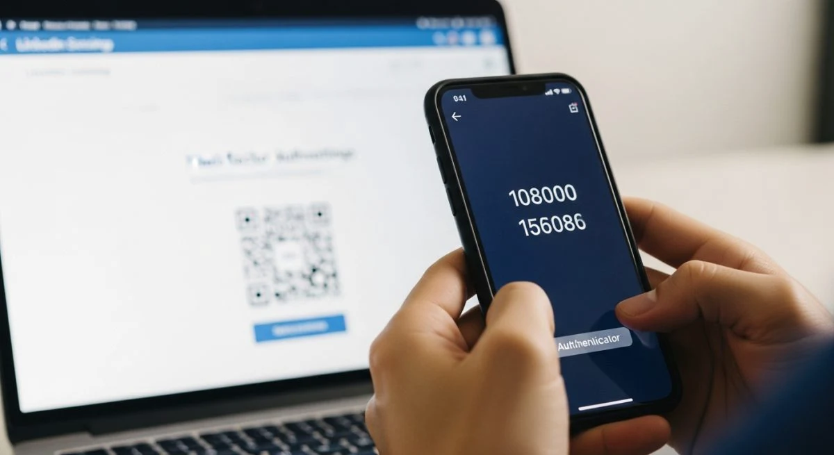 Persona usando smartphone con código de autenticación visible.