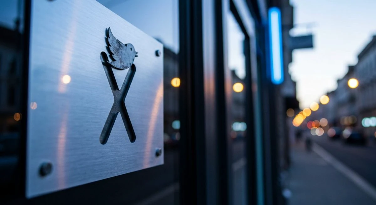 Placa de metal con logo X instalada en la puerta