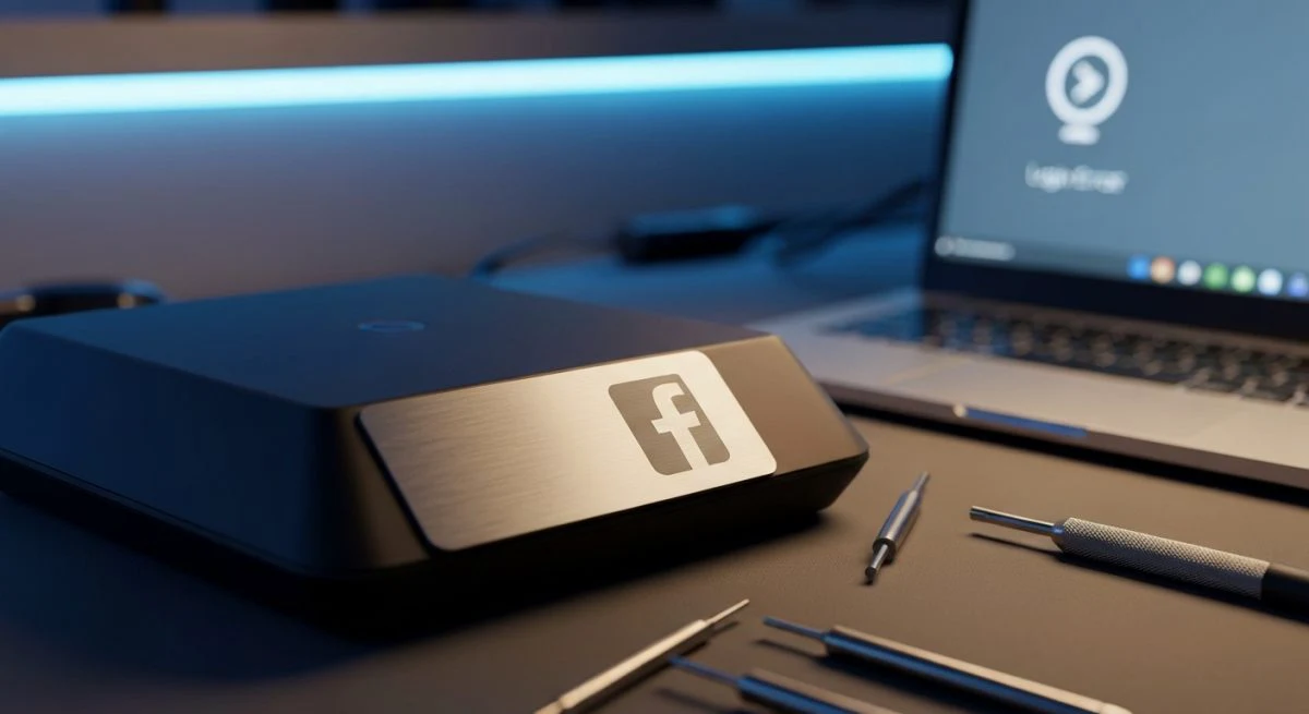 Placa de metal grabada con logo Facebook junto Epic Games