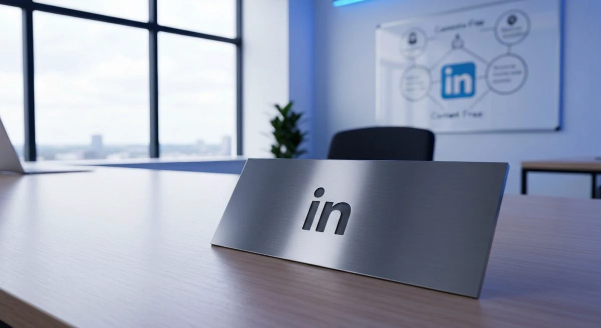 Placa de metal pulido logo minimalista in sobre escritorio LinkedIn