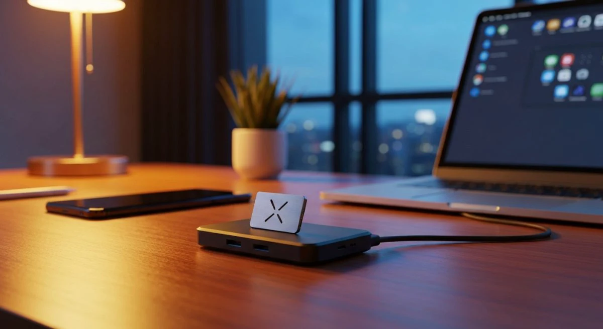 Placa metal con logotipo X sobre hub USB C escritorio
