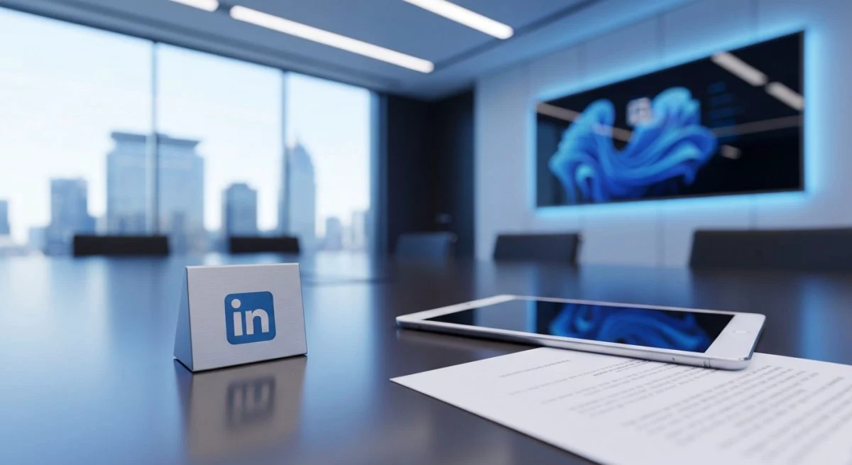Placa metal grabada logo de LinkedIn sobre mesa de junta