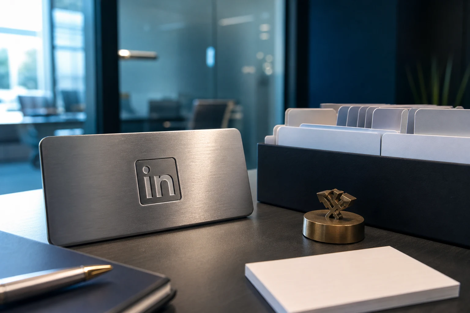 Placa metálica con icono de LinkedIn junto a pestañas organizadas de archivo