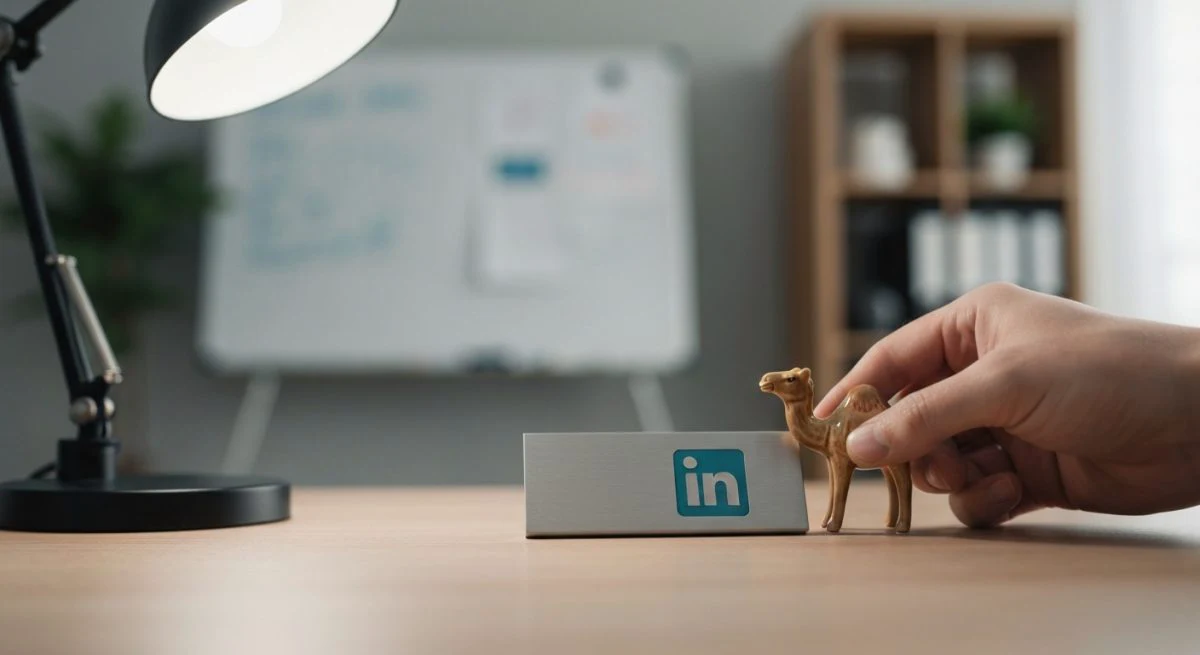 Placa minimalista de LinkedIn junto a camello ceramico en escritorio