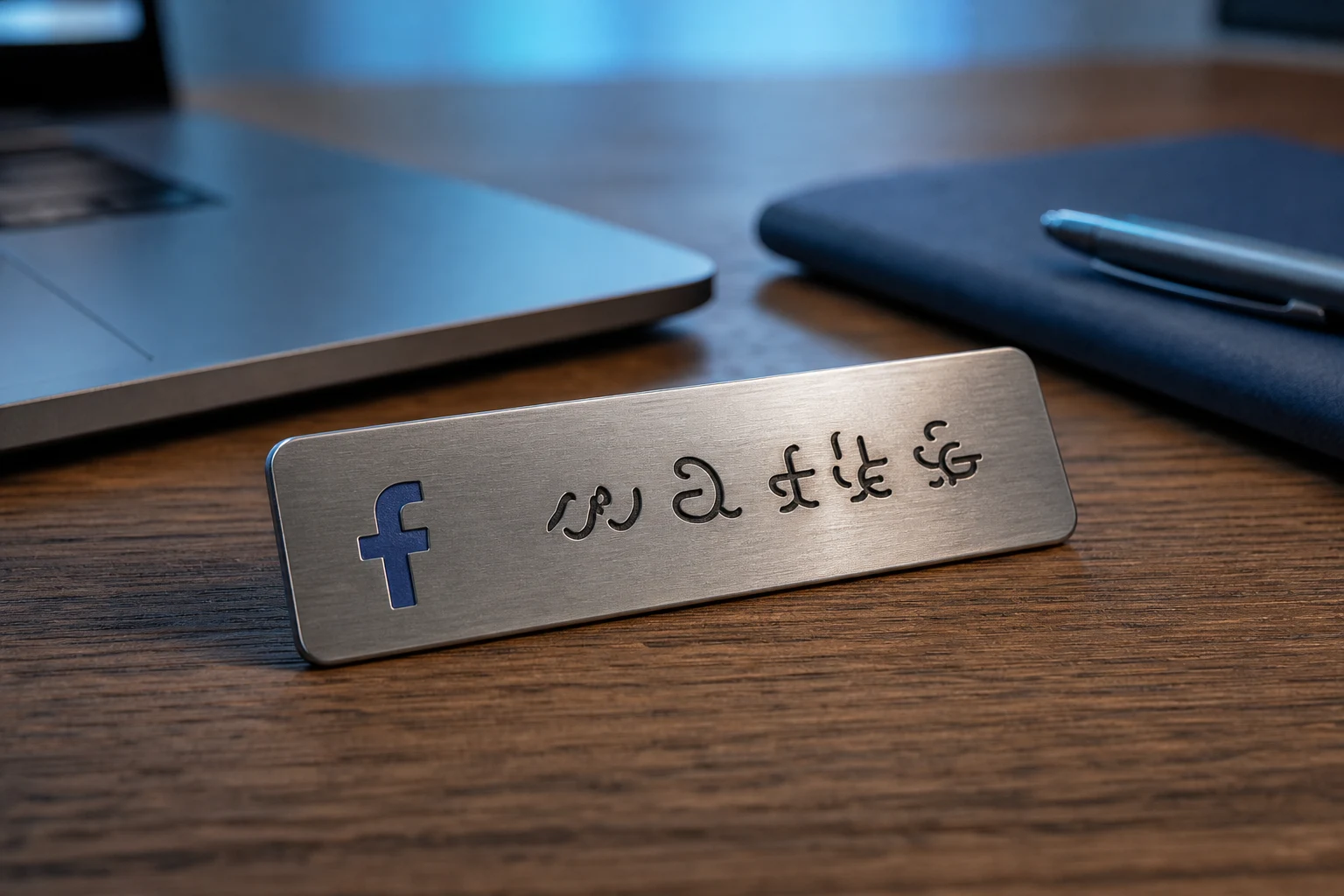 Placa nombre metálica con logo de Facebook en escritorio minimalista