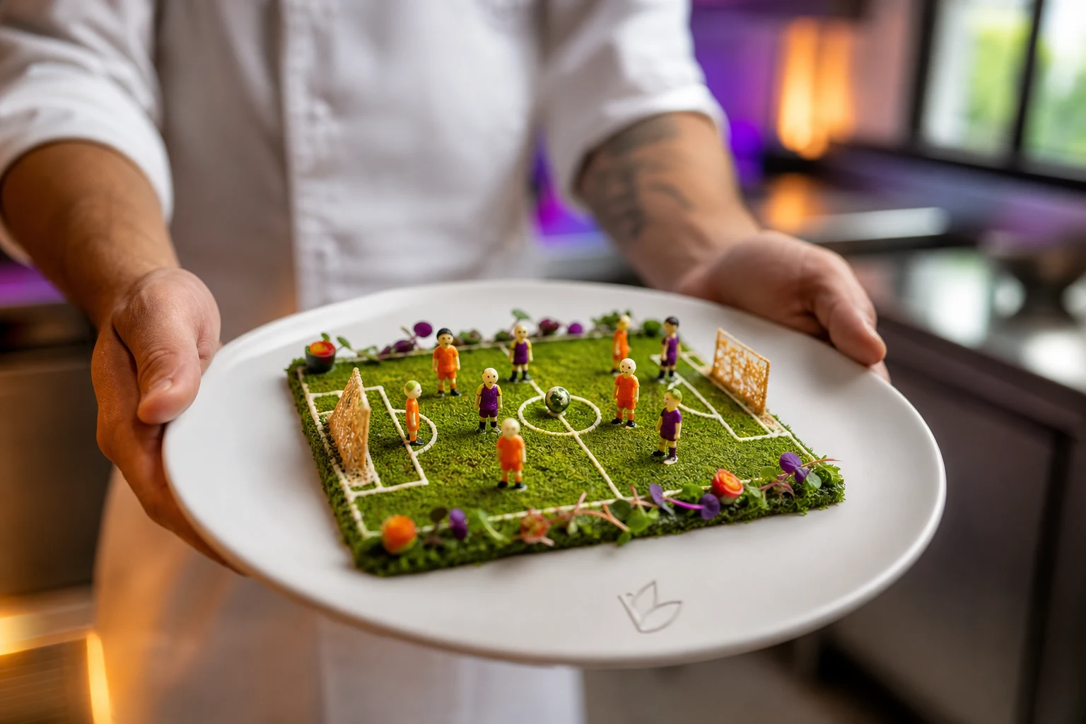 Plato en forma de campo de fútbol con logotipo grabado