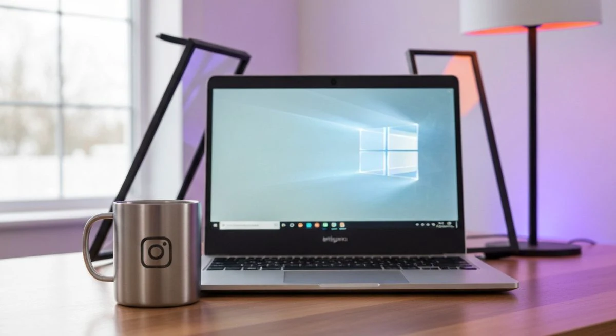 Portátil Windows 10 sobre escritorio de madera con taza Instagram