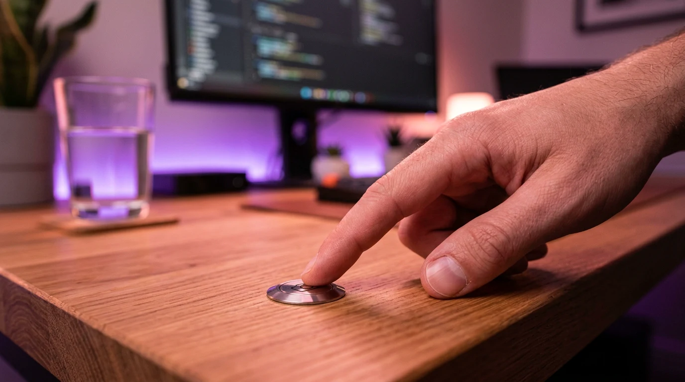 Primer plano botón de metal cepillado con icono de cámara
