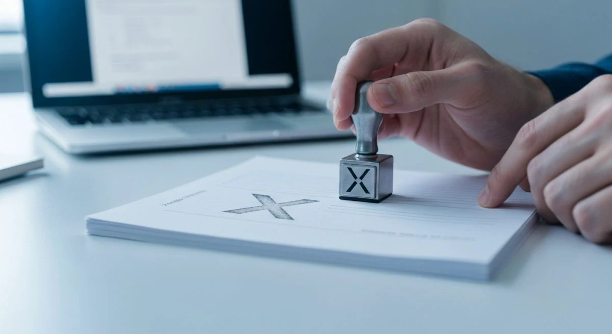 Primer plano de manos estampando sello metálico con logo X