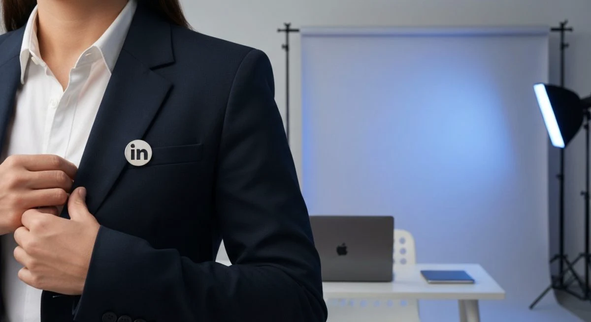 Profesional ajustando blazer retrato LinkedIn en estudio minimalista con pin