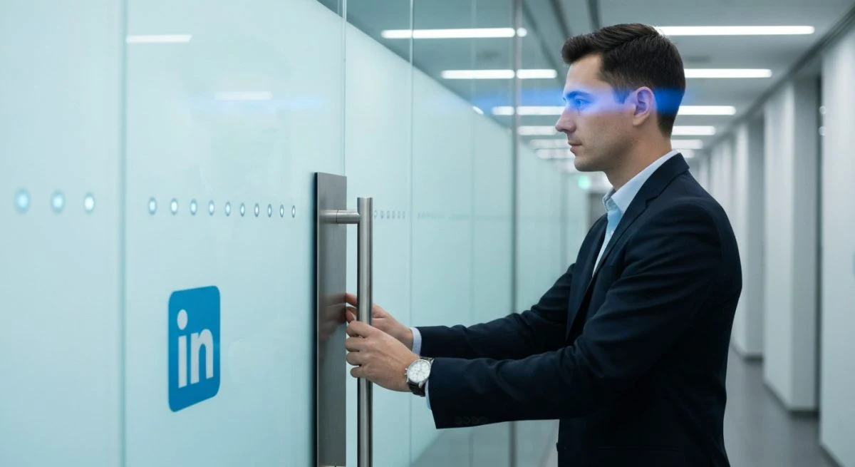 Profesional alcanza puerta de vidrio en pasillo con logo LinkedIn