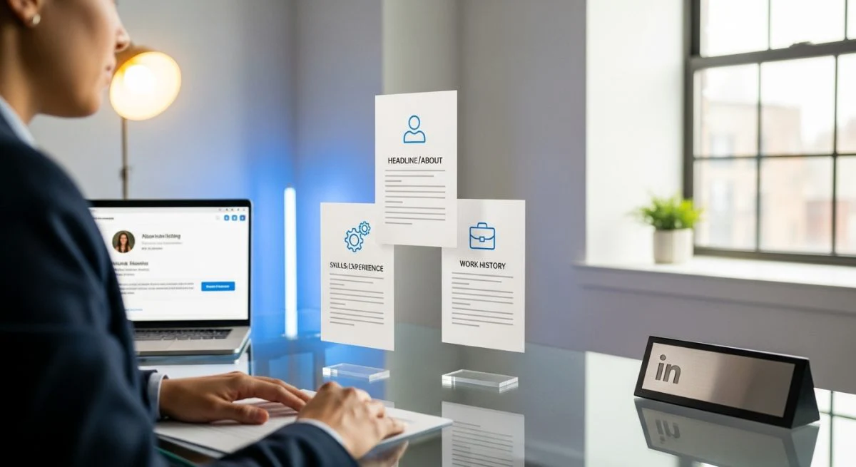 Profesional ante escritorio de vidrio con tres tarjetas currículum LinkedIn