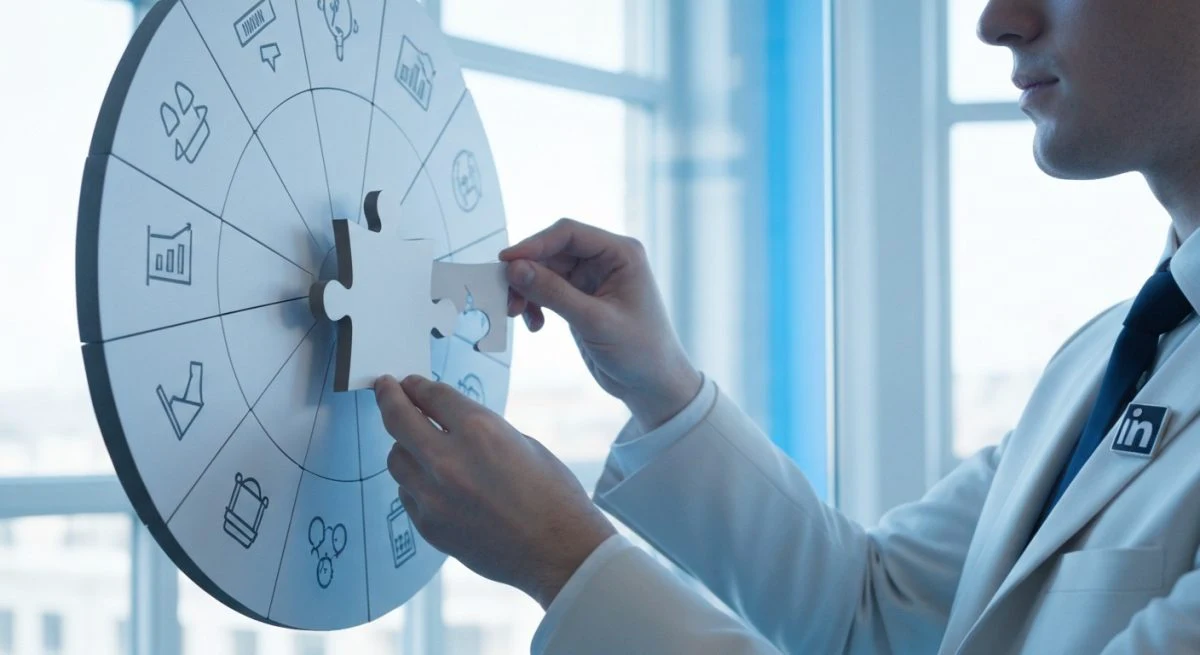 Profesional colocando pieza de rompecabezas en rueda sectorial LinkedIn azul