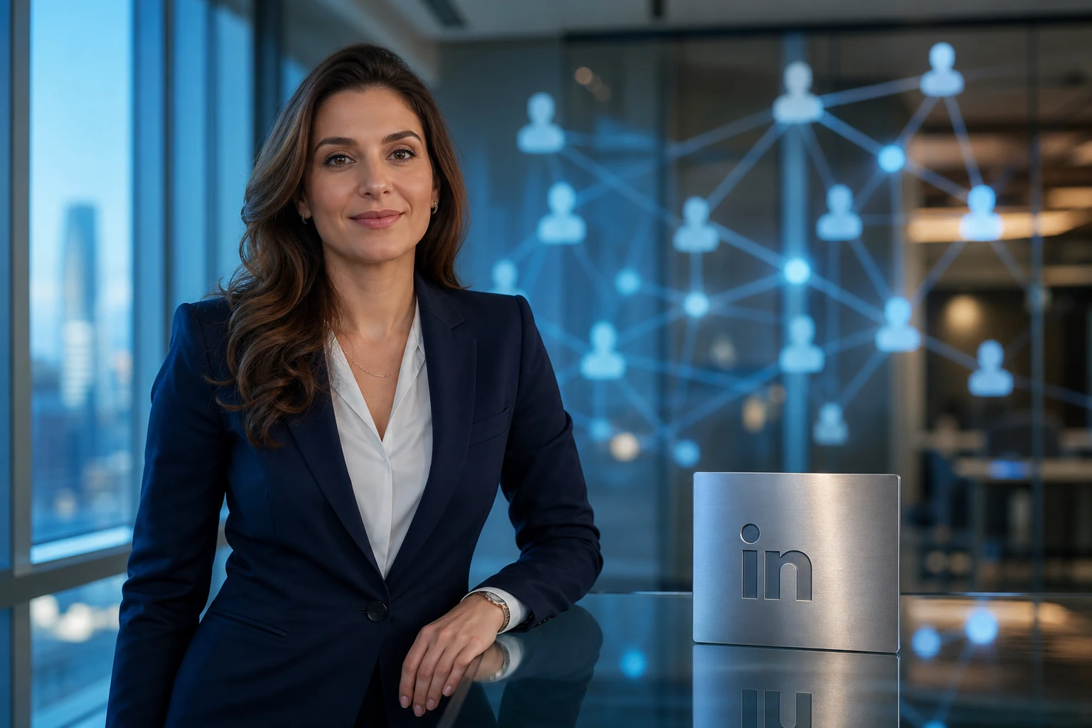 Profesional con blazer junto a escritorio de vidrio placa LinkedIn