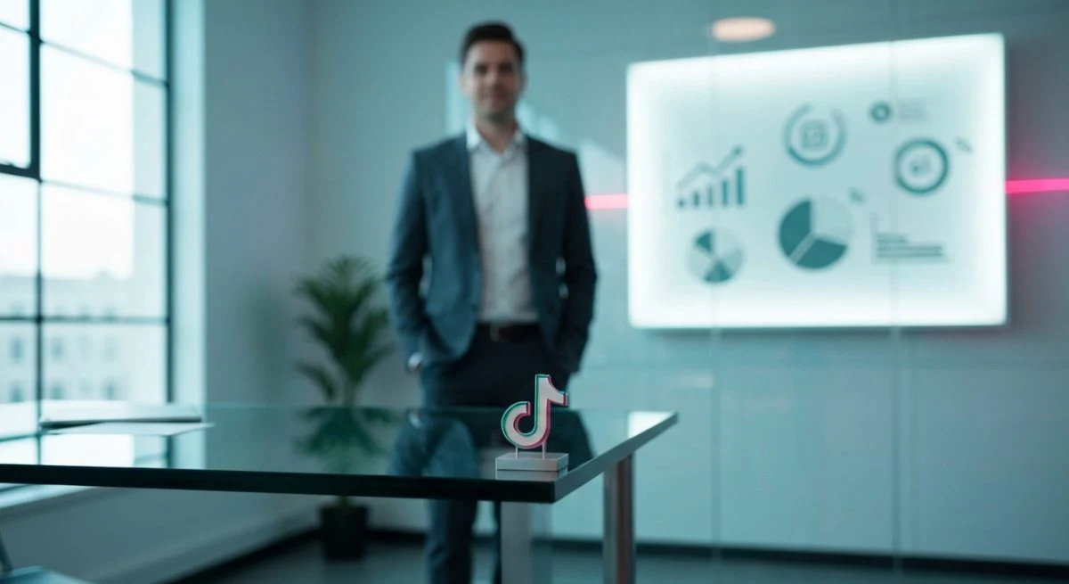 Profesional de negocios junto a escritorio de vidrio con TikTok