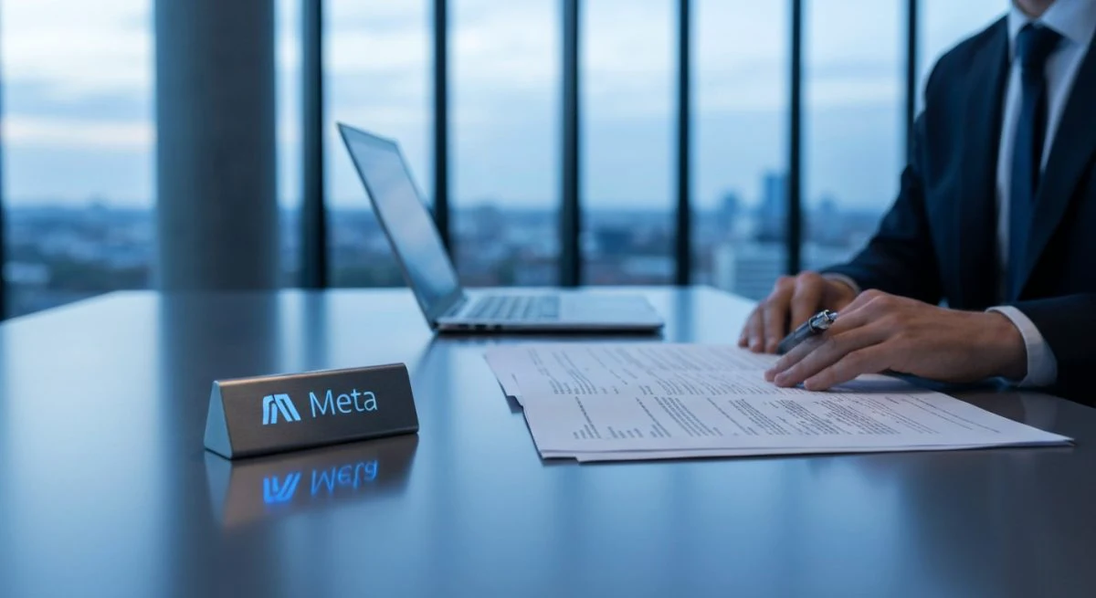 Profesional en oficina minimalista revisando retenciones junto al peso Meta