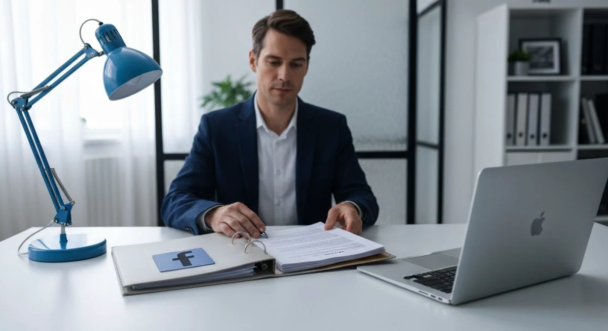 Profesional en oficina moderna revisa documentos junto a carpeta Facebook