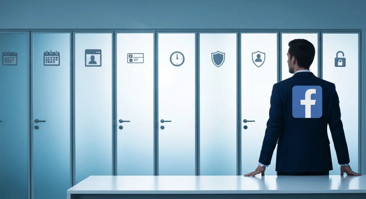 Profesional frente a siete puertas de vidrio esmerilado con iconos Facebook