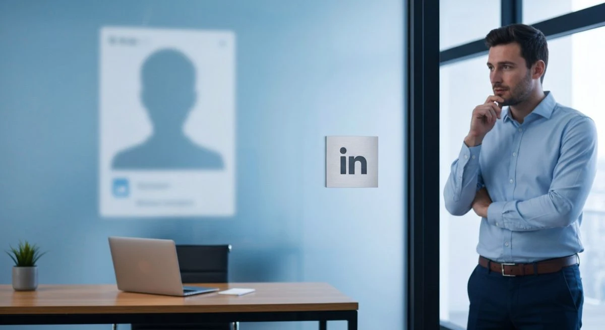 Profesional junto a vidrio esmerilado y placa LinkedIn frente escritorio