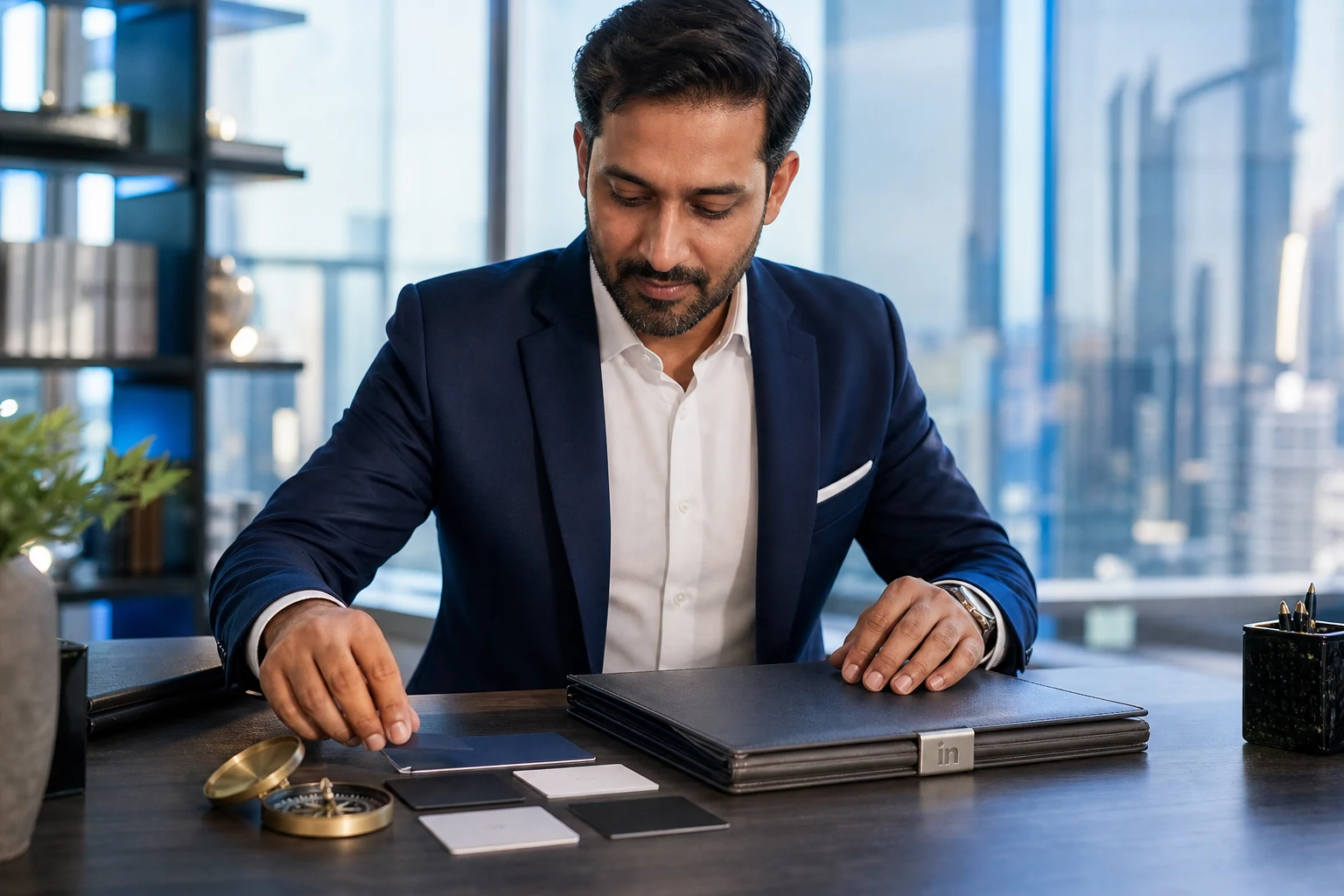 Profesional organizando tarjetas de visita brújula y portafolio con logo LinkedIn grabado