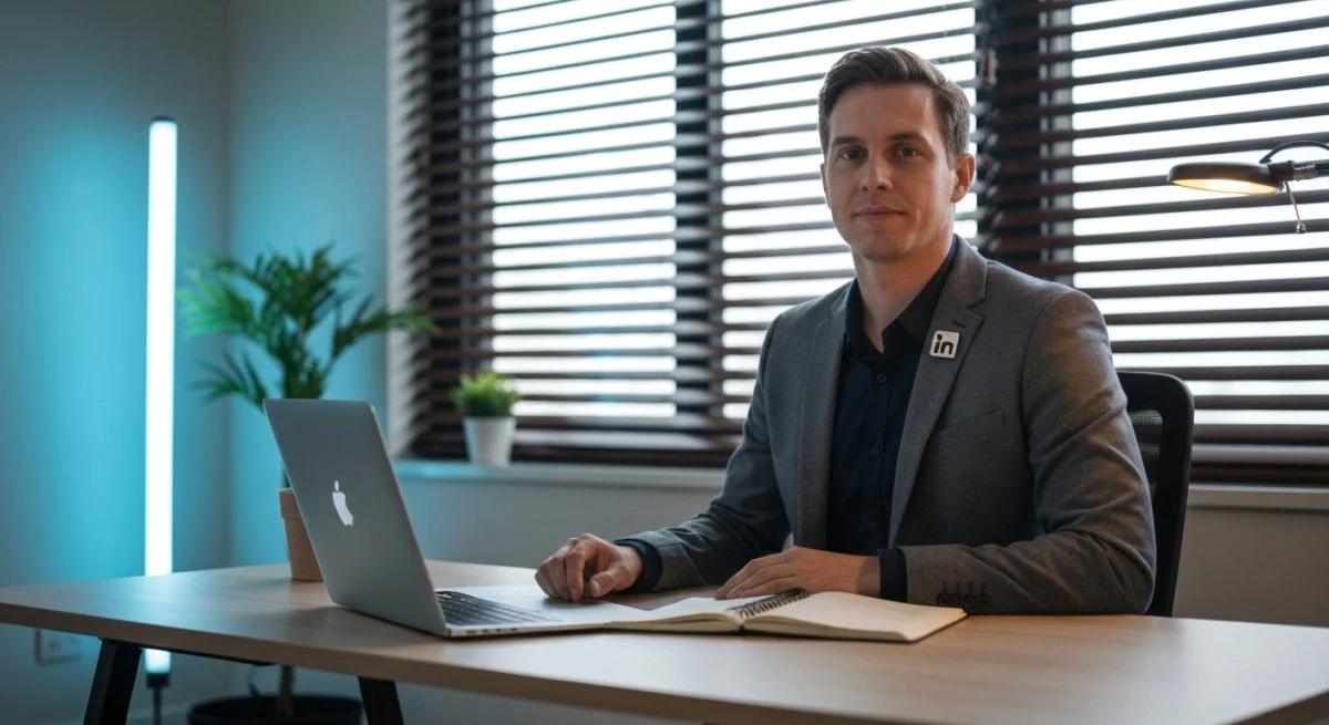Profesional sentado en despacho minimalista con pin de LinkedIn visible