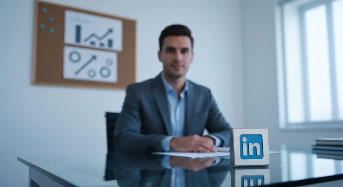 Profesional sentado frente a escritorio de vidrio con logo LinkedIn
