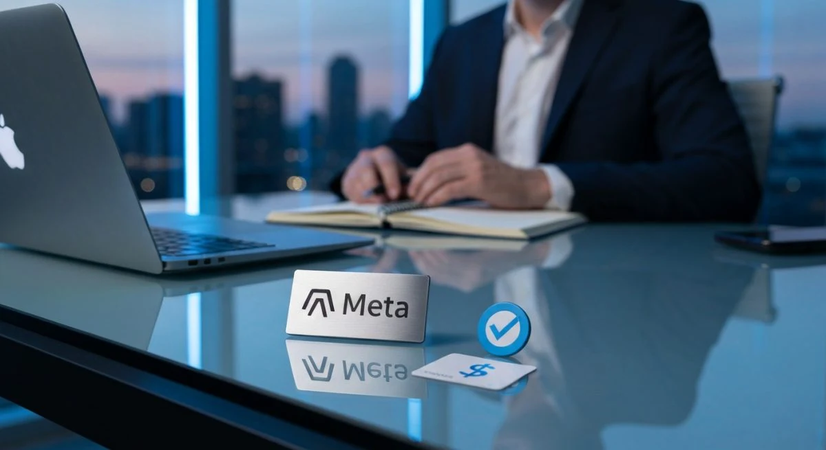 Profesional sentado frente a escritorio de vidrio con Meta logo