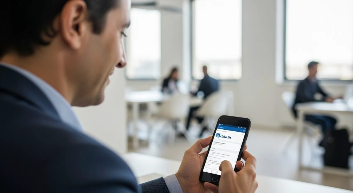 Profesional usando la aplicación de LinkedIn en un móvil