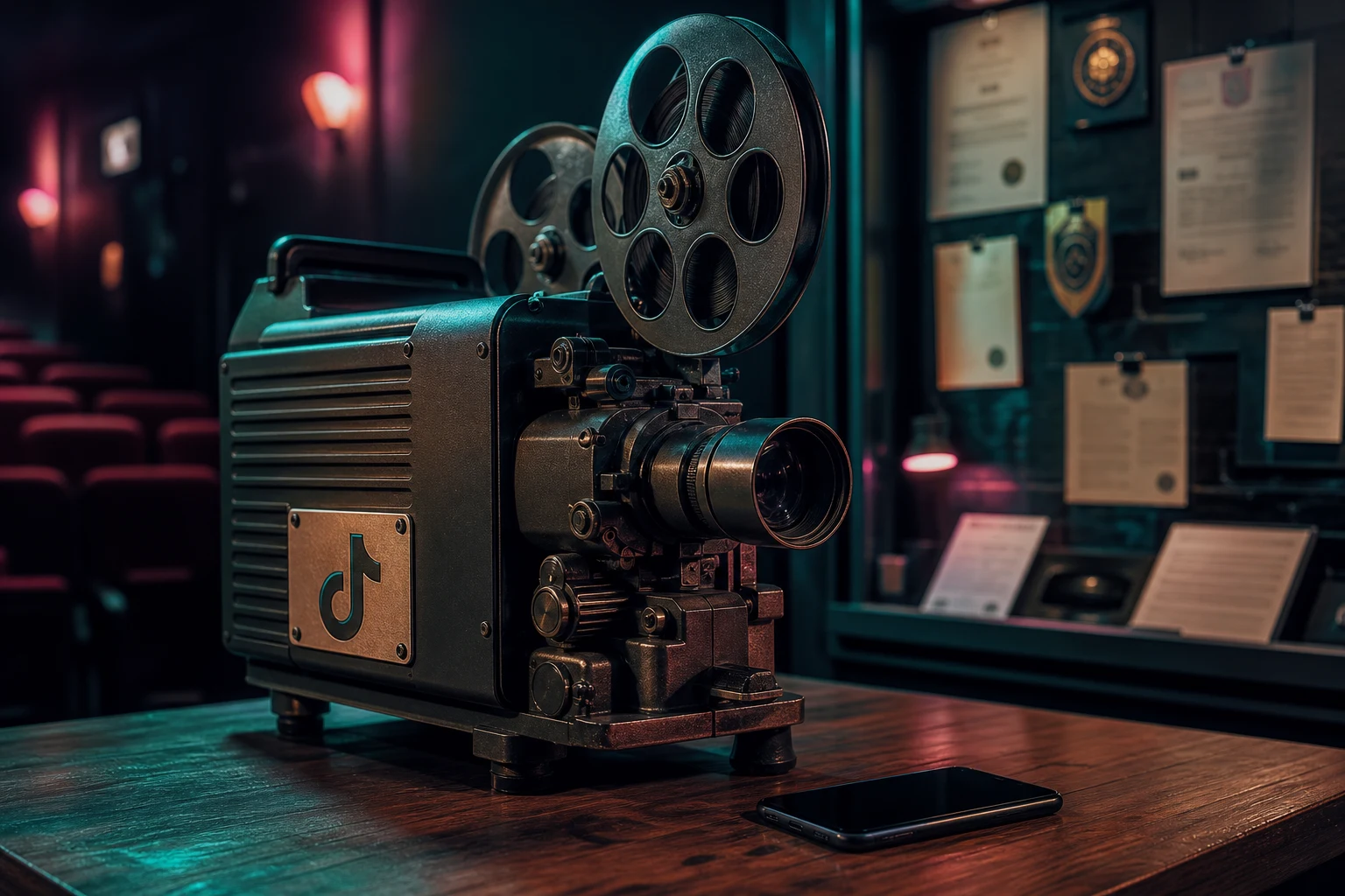 Proyector de cine vintage sobre mesa de madera con TikTok