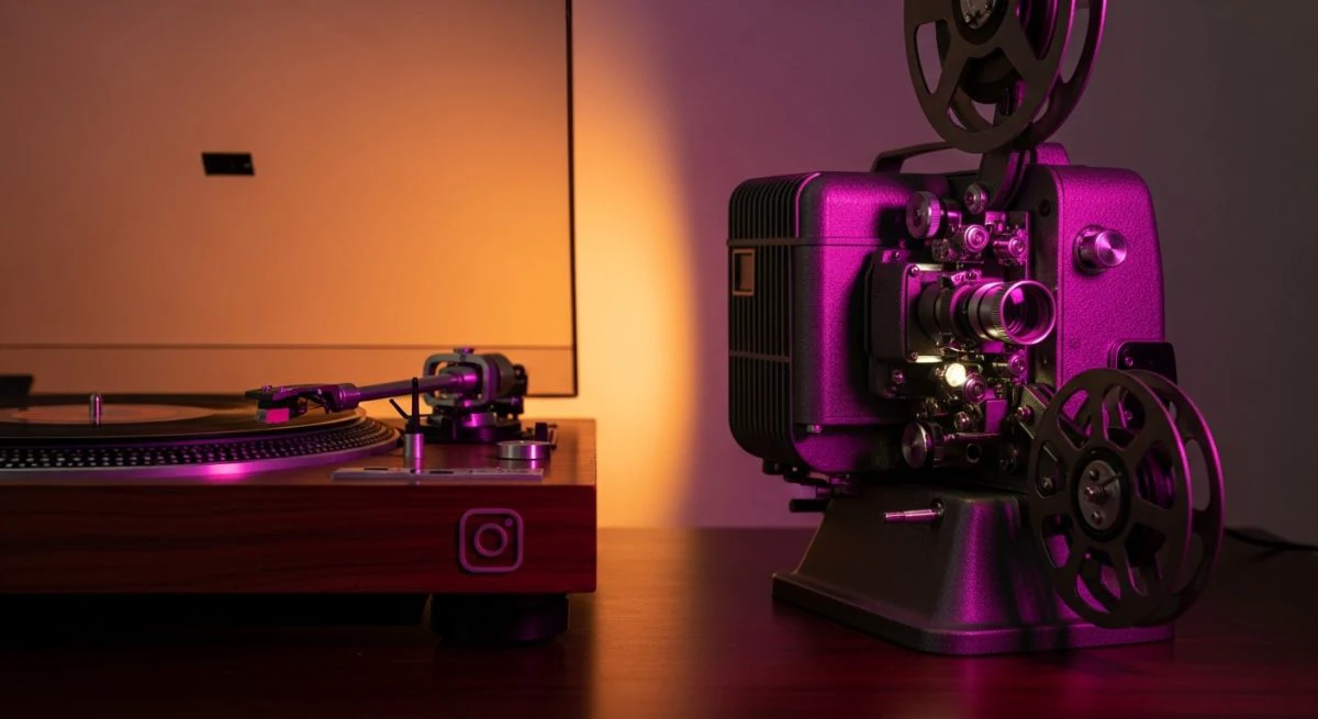 Proyector de cine y tocadiscos sobre mesa de madera oscura