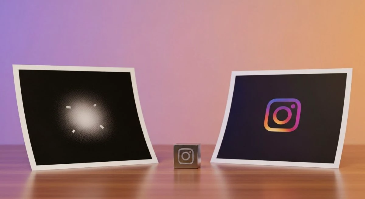 Pruebas impresas sobre madera con cubo metálico logo de Instagram