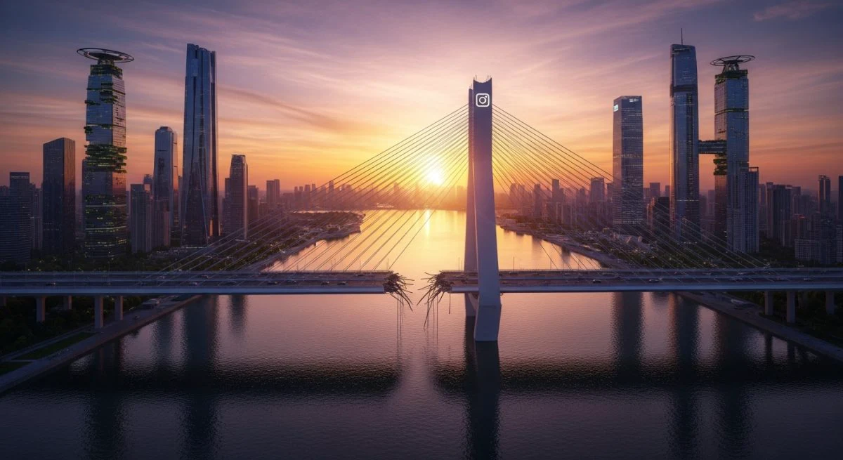 Puente colgante moderno sobre río al amanecer sin tránsito con logo de instagram