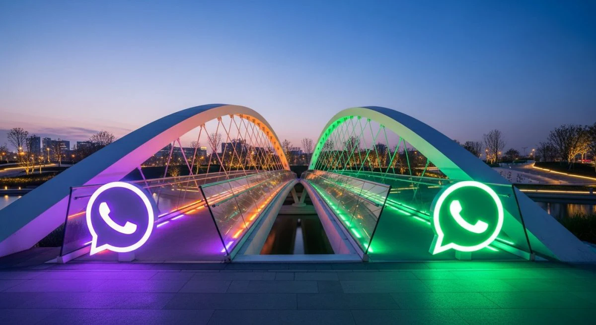 Puente moderno de cristal y acero con logotipo WhatsApp iluminado