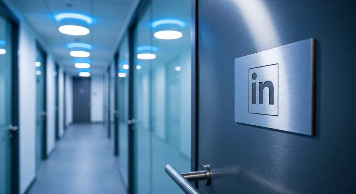 Puerta de oficina moderna con placa de metal logotipo LinkedIn