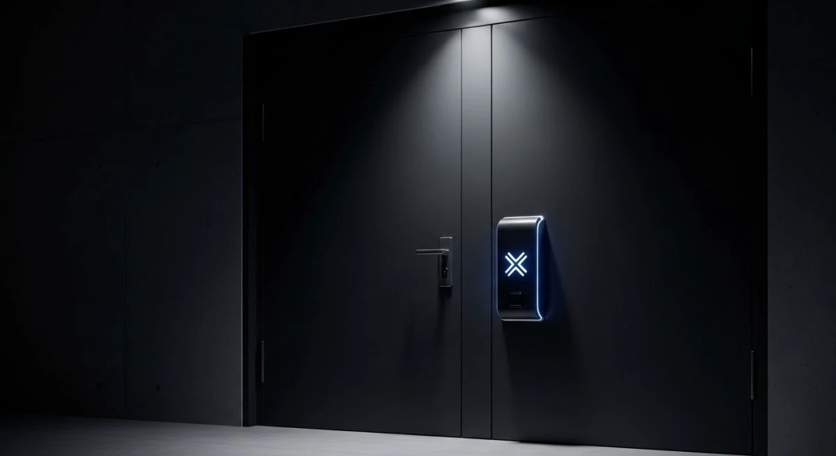 Puerta negra moderna con cerradura electrónica y lector en forma de X