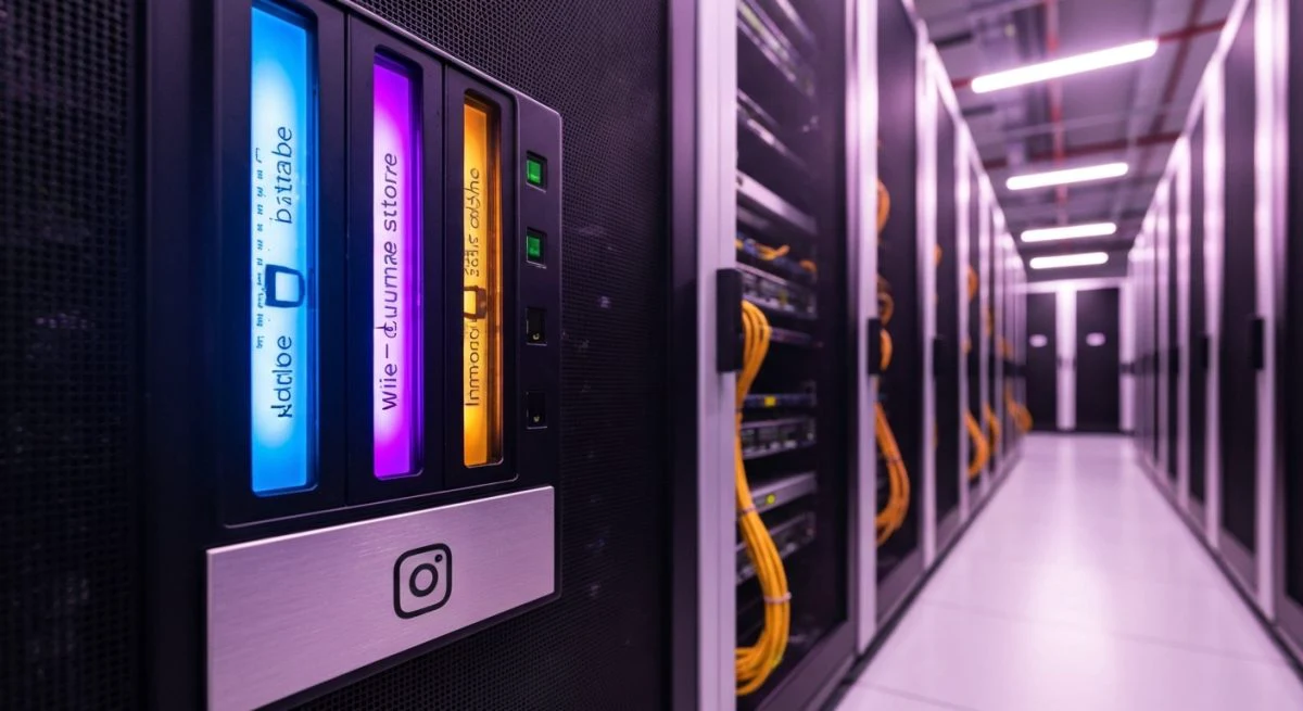 Rack de datos con tres módulos azul morado ámbar Instagram