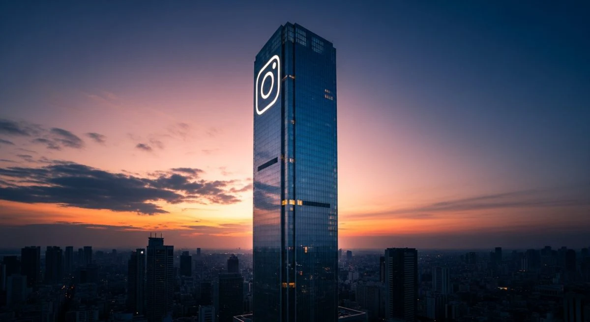 Rascacielos de vidrio al atardecer con forma de logo Instagram