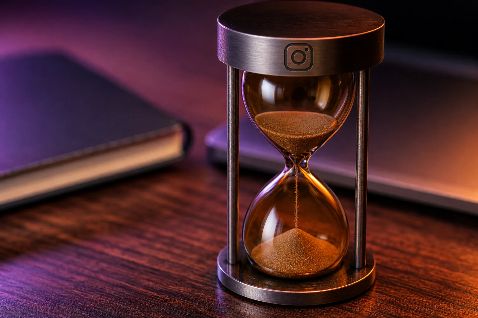 Reloj de arena ámbar con grabado Instagram sobre escritorio oscuro
